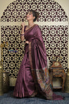 Shubh Lakshmi 2.0 ~ Handloom Dupion Silk Saree with Digital Print in Dark Maroon