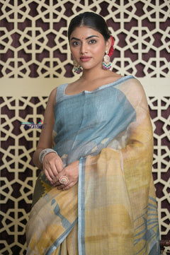 Shubh Lakshmi 2.0 ~ Handloom Pure Kora Linen Silk Saree with Floral Print in Ivory and Blue