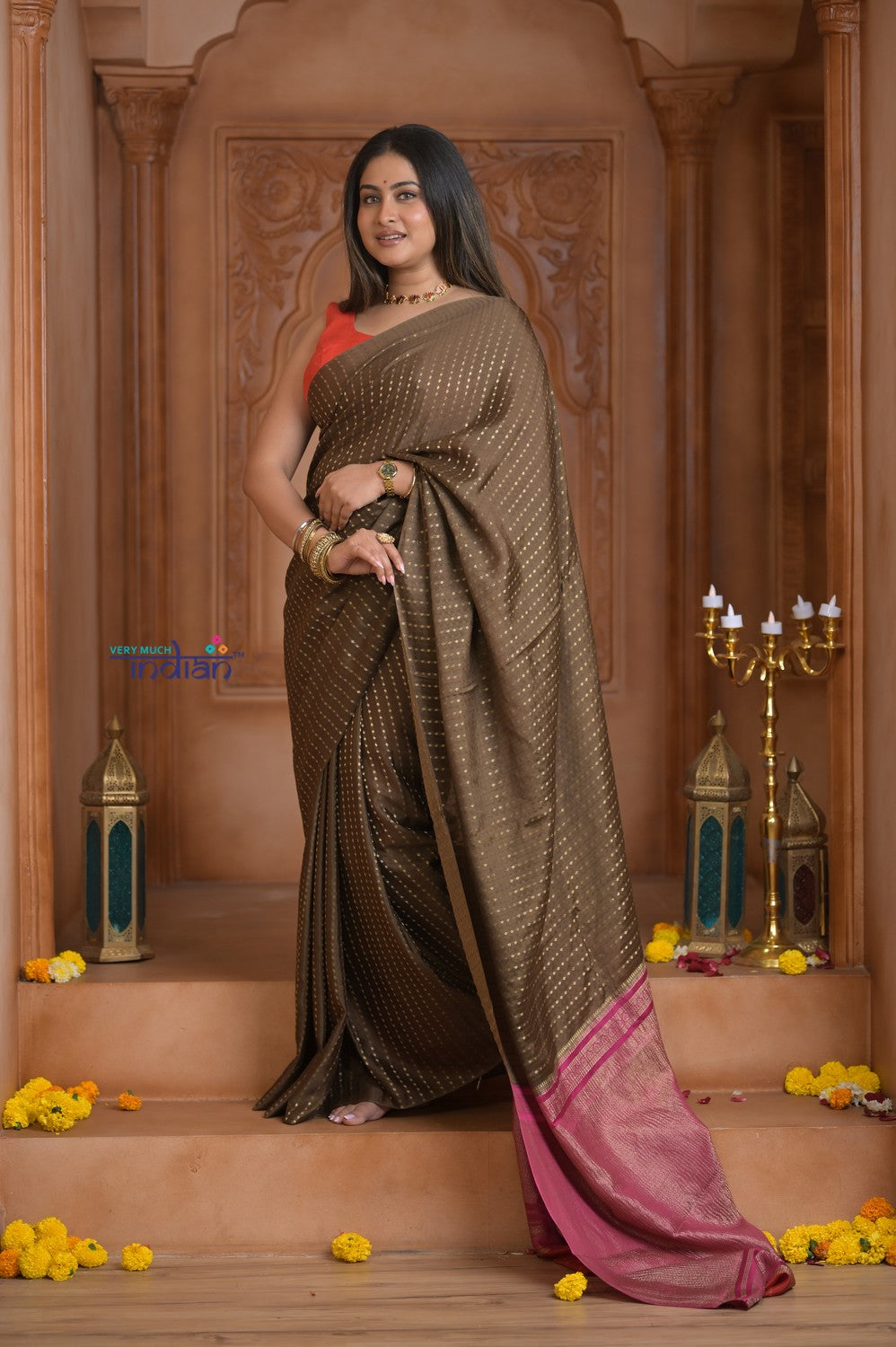Shubh Lakshmi ~ Handloom High Quality Pure Soft Silk Saree in Light Brown and Pink (Silk Mark Certified)