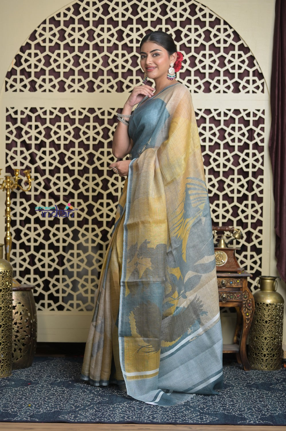 Shubh Lakshmi 2.0 ~ Handloom Pure Kora Linen Silk Saree with Floral Print in Ivory and Blue