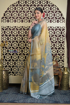 Shubh Lakshmi 2.0 ~ Handloom Pure Kora Linen Silk Saree with Floral Print in Ivory and Blue