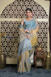 Shubh Lakshmi 2.0 ~ Handloom Pure Kora Linen Silk Saree with Floral Print in Ivory and Blue