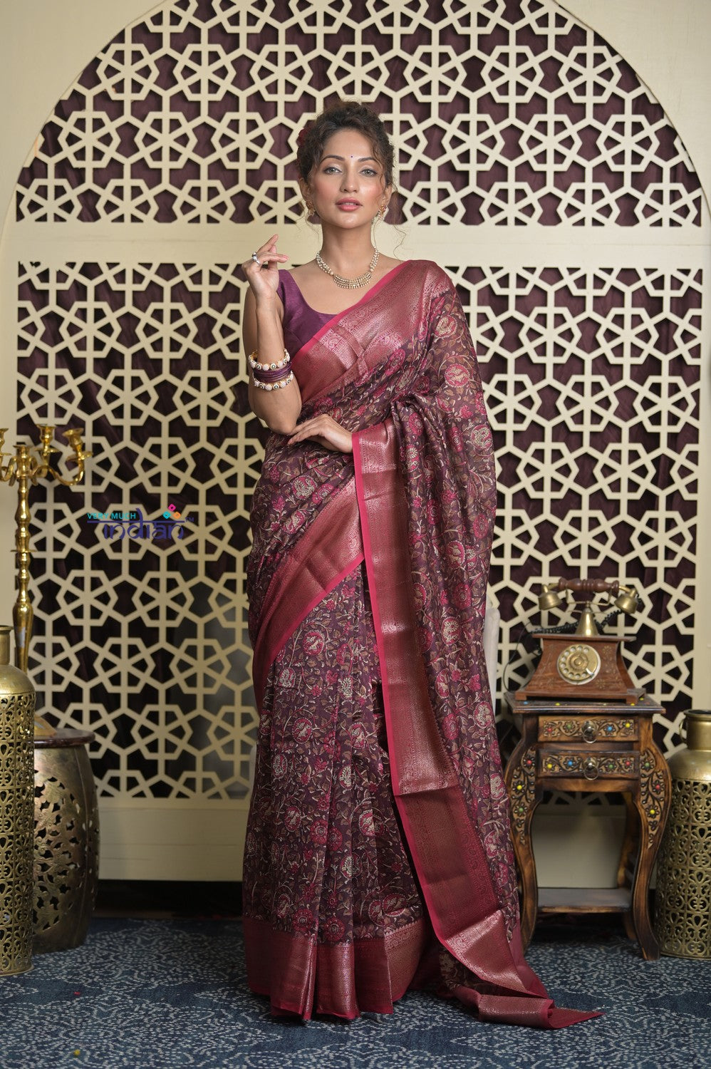 Shubh Lakshmi 2.0 ~ Designer Chanderi Cotton Silk Saree with Digital Floral Print in Brown