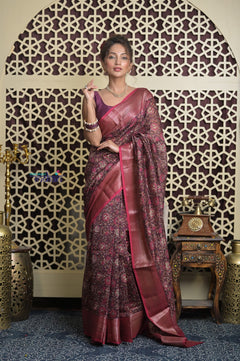 Shubh Lakshmi 2.0 ~ Designer Chanderi Cotton Silk Saree with Digital Floral Print in Brown