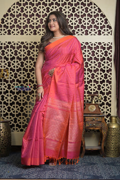 Shubh Lakshmi 2.0 ~ Handloom High Quality Pure Soft Silk Saree in Dual Tone Orange and Pink (Silk Mark Certified)