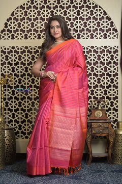 Shubh Lakshmi 2.0 ~ Handloom High Quality Pure Soft Silk Saree in Dual Tone Orange and Pink (Silk Mark Certified)