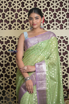 Shubh Lakshmi 2.0 ~ Designer Chanderi Cotton Silk Saree with Circular Pattern in Lime Green and Lilac