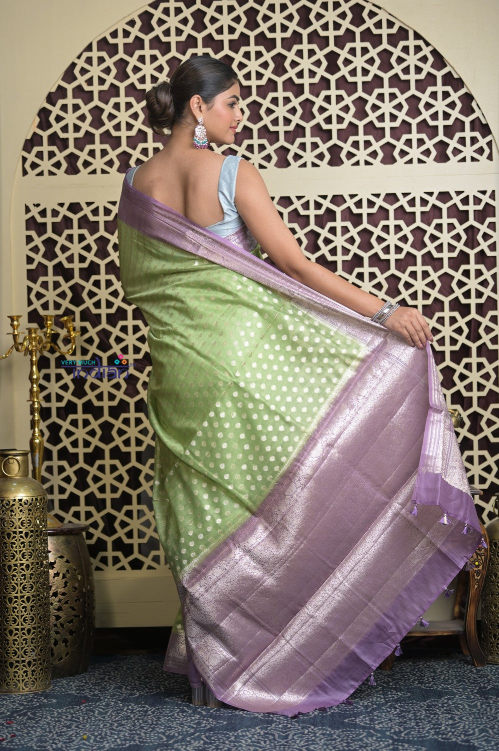 Shubh Lakshmi 2.0 ~ Designer Chanderi Cotton Silk Saree with Circular Pattern in Lime Green and Lilac