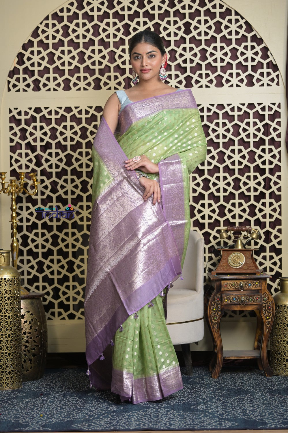 Shubh Lakshmi 2.0 ~ Designer Chanderi Cotton Silk Saree with Circular Pattern in Lime Green and Lilac