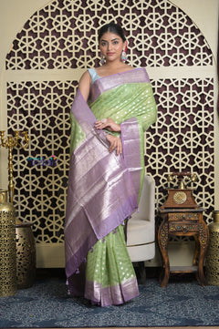 Shubh Lakshmi 2.0 ~ Designer Chanderi Cotton Silk Saree with Circular Pattern in Lime Green and Lilac