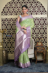 Shubh Lakshmi 2.0 ~ Designer Chanderi Cotton Silk Saree with Circular Pattern in Lime Green and Lilac