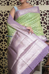 Shubh Lakshmi 2.0 ~ Designer Chanderi Cotton Silk Saree with Circular Pattern in Lime Green and Lilac