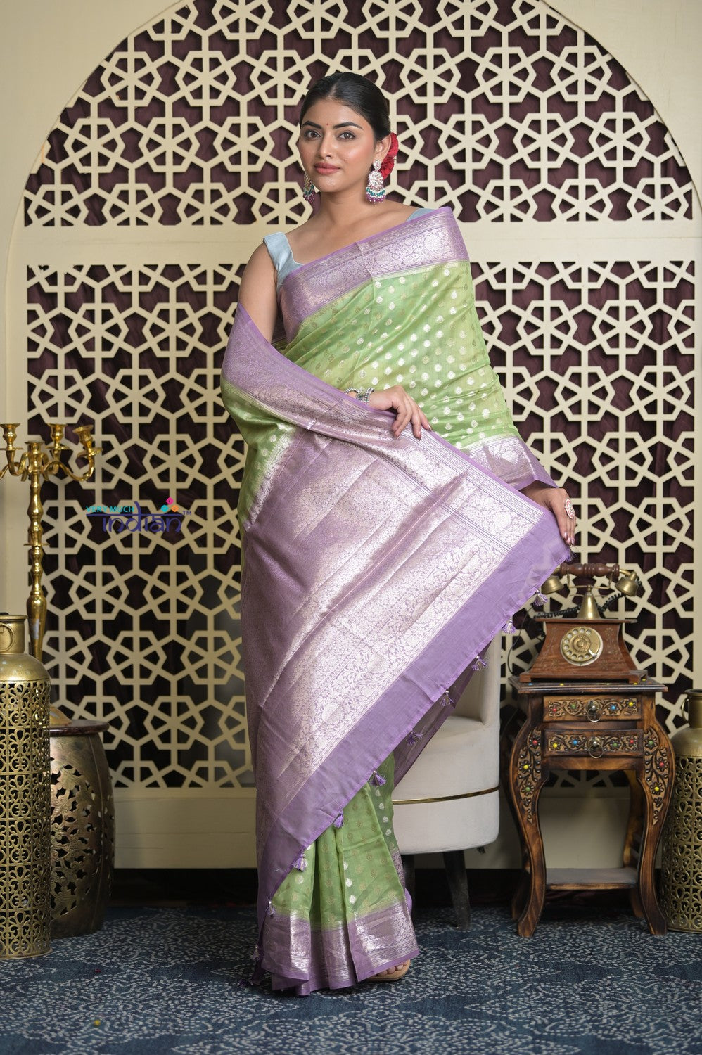 Shubh Lakshmi 2.0 ~ Designer Chanderi Cotton Silk Saree with Circular Pattern in Lime Green and Lilac