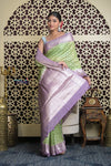 Shubh Lakshmi 2.0 ~ Designer Chanderi Cotton Silk Saree with Circular Pattern in Lime Green and Lilac
