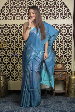 Shubh Lakshmi 2.0 ~ Handloom High Quality Pure Soft Silk Saree in Steel Blue (Silk Mark Certified)