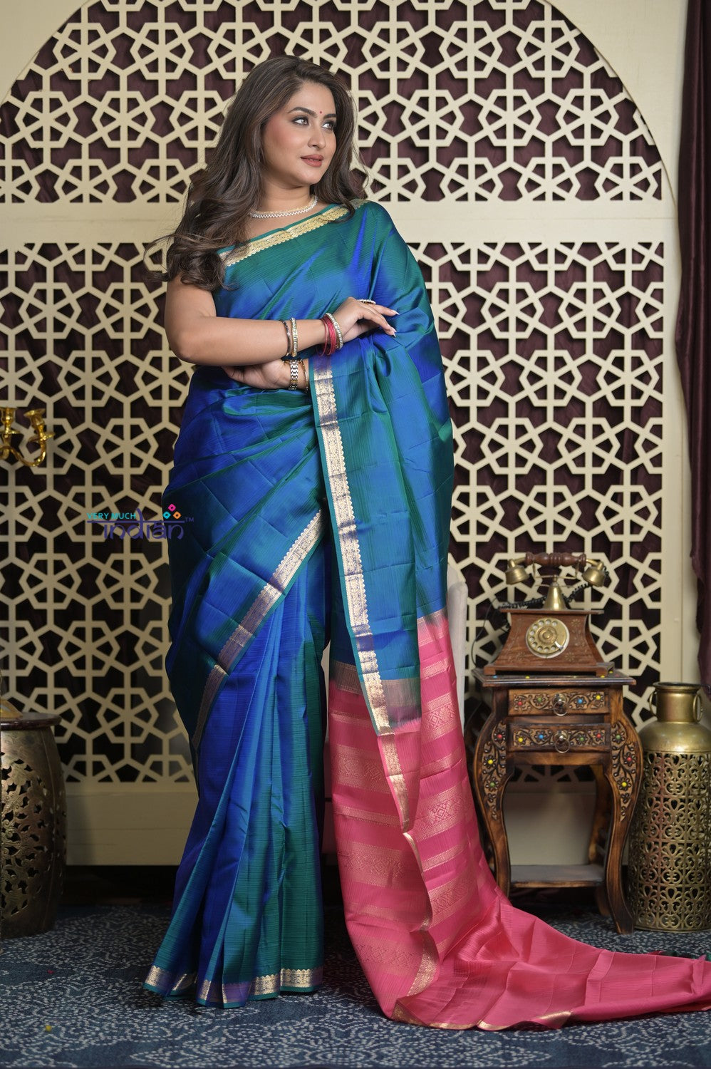 Shubh Lakshmi 2.0 ~ Handloom High Quality Pure Soft Silk Saree in Ultramarine Blue and Pink (Silk Mark Certified)
