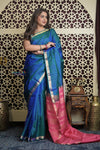 Shubh Lakshmi 2.0 ~ Handloom High Quality Pure Soft Silk Saree in Ultramarine Blue and Pink (Silk Mark Certified)