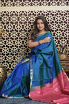 Shubh Lakshmi 2.0 ~ Handloom High Quality Pure Soft Silk Saree in Ultramarine Blue and Pink (Silk Mark Certified)