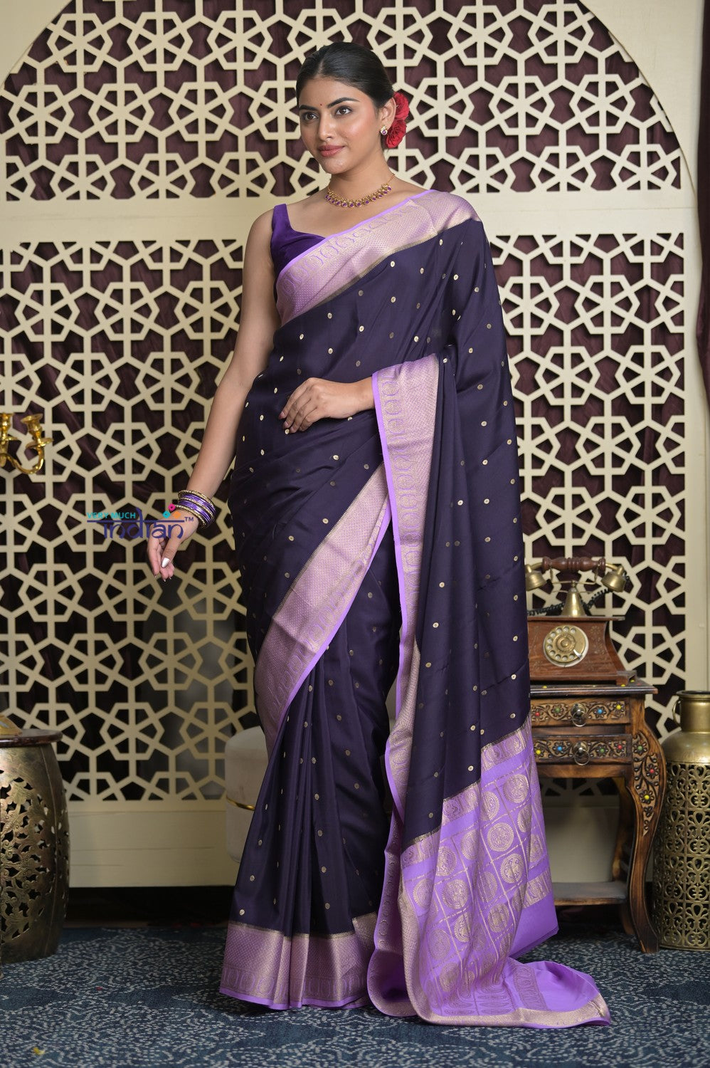 Shubh Lakshmi 2.0 ~ Handloom High Quality Pure Mysore Silk Saree in Dark Violet (Silk Mark Certified)