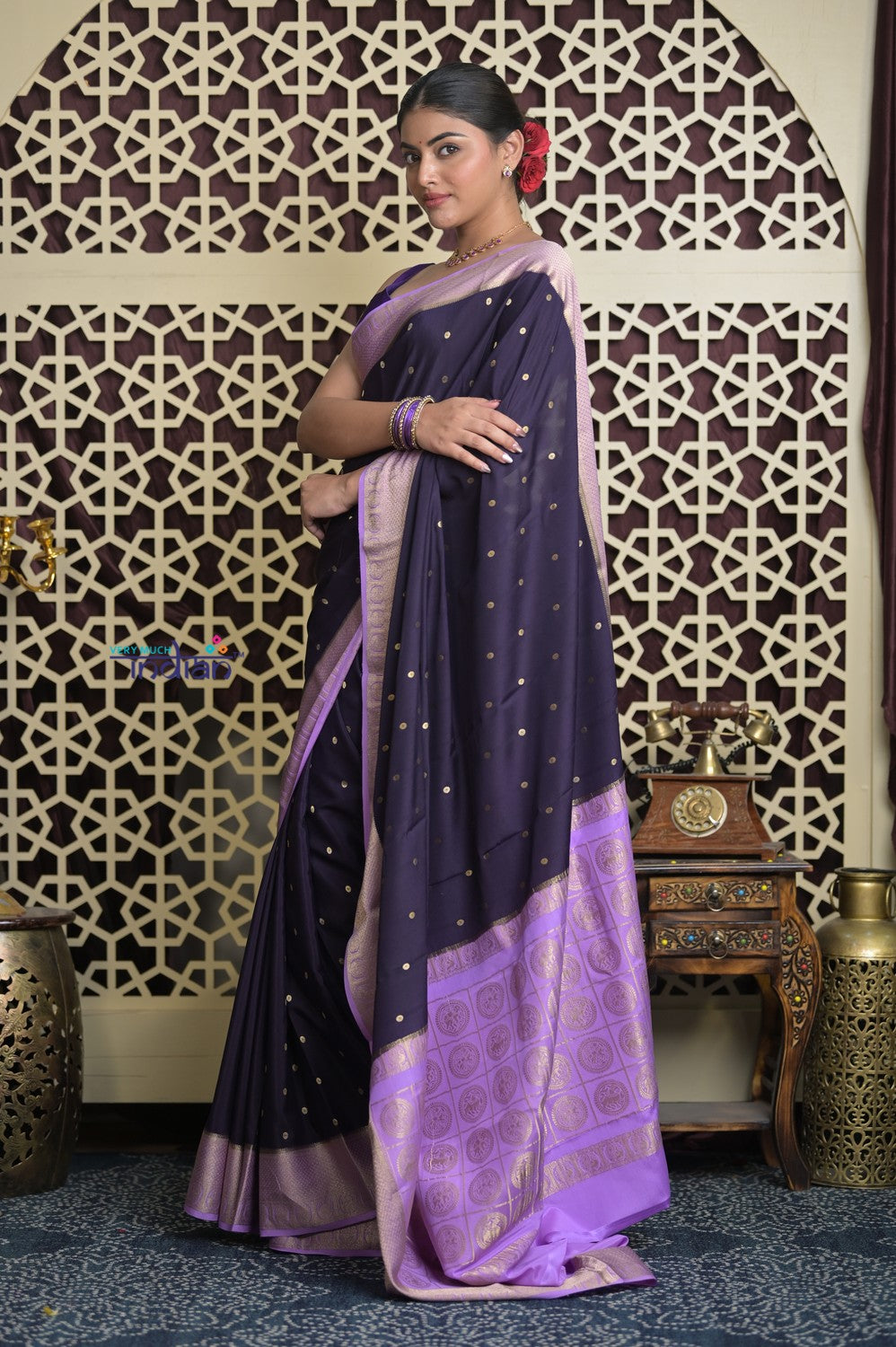 Shubh Lakshmi 2.0 ~ Handloom High Quality Pure Mysore Silk Saree in Dark Violet (Silk Mark Certified)