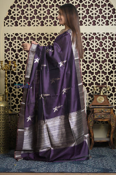 Shubh Lakshmi 2.0 ~ Handloom High Quality Pure Katan Silk Saree in Dark Violet and Silver (Silk Mark Certified)