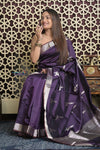 Shubh Lakshmi 2.0 ~ Handloom High Quality Pure Katan Silk Saree in Dark Violet and Silver (Silk Mark Certified)