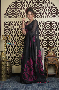 Shubh Lakshmi 2.0 ~ Designer Linen Jamdhani Saree with in Black