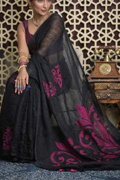 Shubh Lakshmi 2.0 ~ Designer Linen Jamdhani Saree with in Black