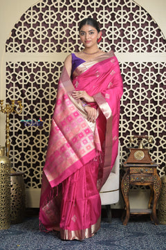 Shubh Lakshmi 2.0 ~ Handloom High Quality Pure Soft Silk Saree in Rani Pink and Silver (Silk Mark Certified)