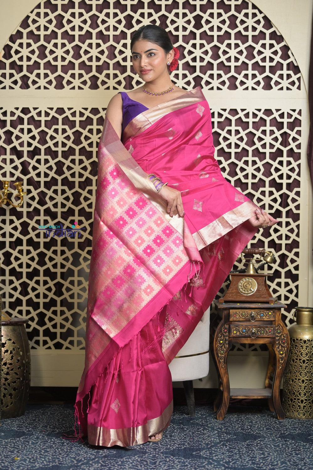 Shubh Lakshmi 2.0 ~ Handloom High Quality Pure Soft Silk Saree in Rani Pink and Silver (Silk Mark Certified)