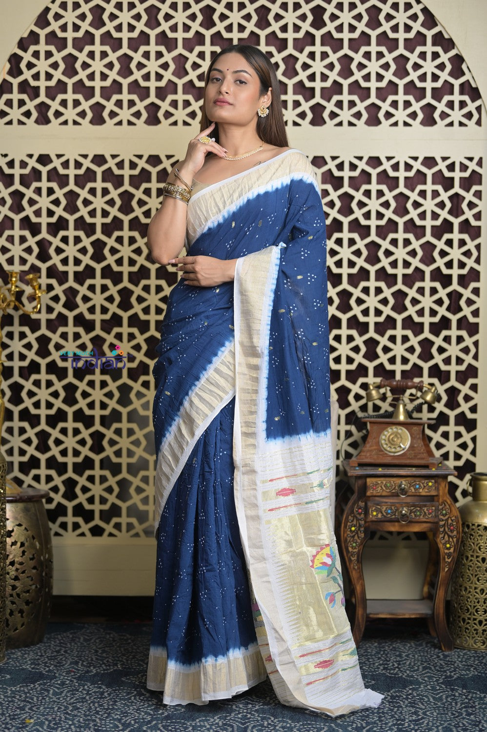 Shubh Lakshmi 2.0 ~ Handloom Pure Cotton Paithani with All Over Hand Bandhani in Marine Blue and White with Asawali Pallu
