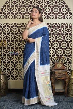 Shubh Lakshmi 2.0 ~ Handloom Pure Cotton Paithani with All Over Hand Bandhani in Marine Blue and White with Asawali Pallu