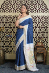 Shubh Lakshmi 2.0 ~ Handloom Pure Cotton Paithani with All Over Hand Bandhani in Marine Blue and White with Asawali Pallu