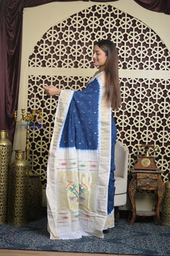 Shubh Lakshmi 2.0 ~ Handloom Pure Cotton Paithani with All Over Hand Bandhani in Marine Blue and White with Asawali Pallu