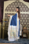 Shubh Lakshmi 2.0 ~ Handloom Pure Cotton Paithani with All Over Hand Bandhani in Marine Blue and White with Asawali Pallu
