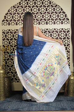 Shubh Lakshmi 2.0 ~ Handloom Pure Cotton Paithani with All Over Hand Bandhani in Marine Blue and White with Asawali Pallu