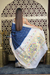 Shubh Lakshmi 2.0 ~ Handloom Pure Cotton Paithani with All Over Hand Bandhani in Marine Blue and White with Asawali Pallu