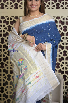 Shubh Lakshmi 2.0 ~ Handloom Pure Cotton Paithani with All Over Hand Bandhani in Marine Blue and White with Asawali Pallu