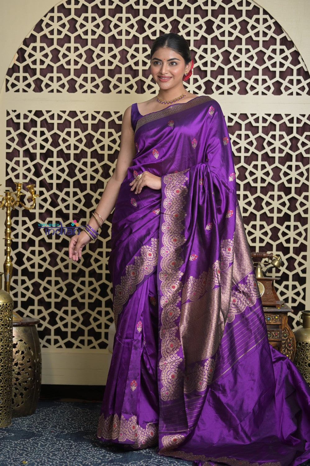 Shubh Lakshmi 2.0 ~ Handloom High Quality Pure Katan Silk Saree in Purple and Silver (Silk Mark Certified)