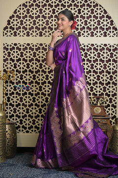 Shubh Lakshmi 2.0 ~ Handloom High Quality Pure Katan Silk Saree in Purple and Silver (Silk Mark Certified)