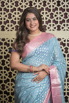 Shubh Lakshmi 2.0 ~ Designer Chanderi Cotton Silk Saree with Circular Pattern in Powder Blue and Pink