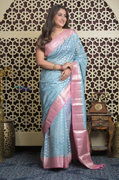Shubh Lakshmi 2.0 ~ Designer Chanderi Cotton Silk Saree with Circular Pattern in Powder Blue and Pink