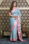 Shubh Lakshmi 2.0 ~ Designer Chanderi Cotton Silk Saree with Circular Pattern in Powder Blue and Pink