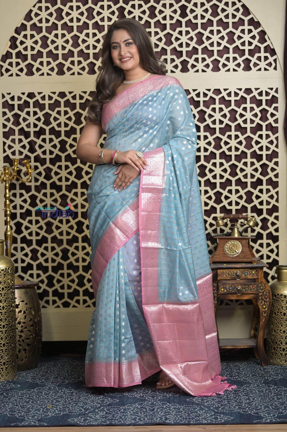 Shubh Lakshmi 2.0 ~ Designer Chanderi Cotton Silk Saree with Circular Pattern in Powder Blue and Pink