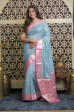 Shubh Lakshmi 2.0 ~ Designer Chanderi Cotton Silk Saree with Circular Pattern in Powder Blue and Pink
