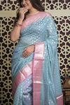 Shubh Lakshmi 2.0 ~ Designer Chanderi Cotton Silk Saree with Circular Pattern in Powder Blue and Pink
