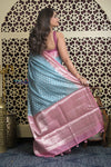 Shubh Lakshmi 2.0 ~ Designer Chanderi Cotton Silk Saree with Circular Pattern in Powder Blue and Pink