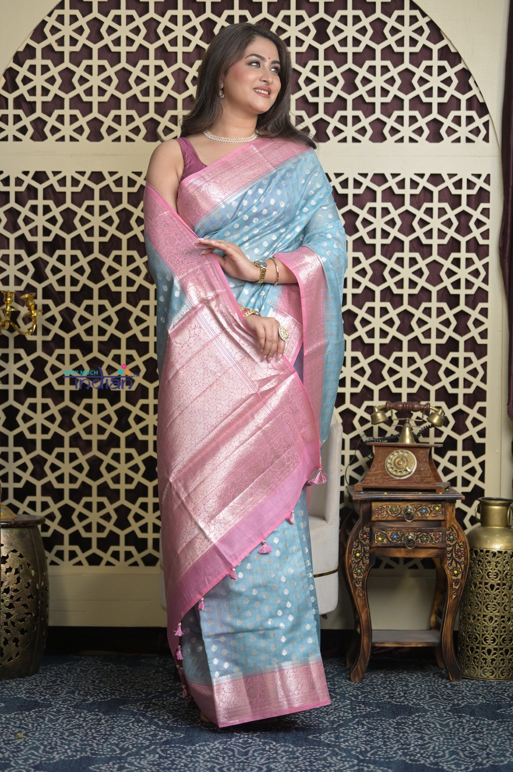 Shubh Lakshmi 2.0 ~ Designer Chanderi Cotton Silk Saree with Circular Pattern in Powder Blue and Pink