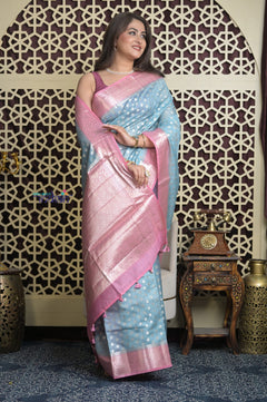 Shubh Lakshmi 2.0 ~ Designer Chanderi Cotton Silk Saree with Circular Pattern in Powder Blue and Pink