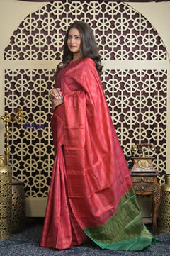 Shubh Lakshmi 2.0 ~ Handloom High Quality Pure Soft Silk Saree in Red and Leaf Green (Silk Mark Certified)